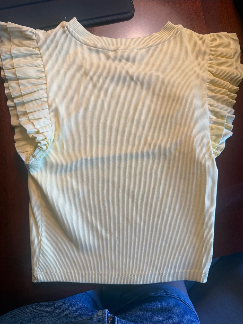 Zara Light Yellow Ruffle Sleeve Ribbed Tee - Picture 2 of 3